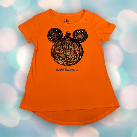 Disney World Mickey Mouse Pumpkin Girl’s Reverse Sequin Tee Shirt Top Size M